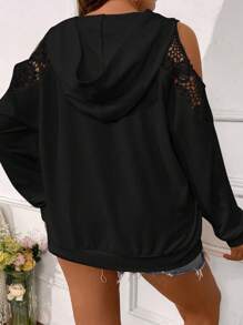 SHEIN LUNE Damen Große Größen Sweatshirt mit offenem Schulterbereich, Langarm, Kapuze und weitem, lässigem Schnitt in Einfarbig