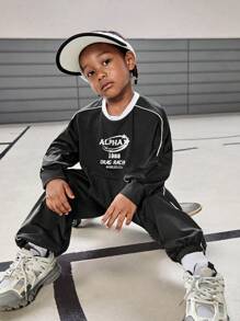 SHEIN 2pcs Set: Boys Kids Outfit With Letter Print Long Sleeve Sweatshirt And Sports Pants, Casual Style - Black - View 4