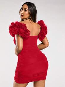 SHEIN BAE Váy quấn lưới xếp nếp trễ vai màu trơn cỡ lớn cho nữ - Đỏ - Xem 2