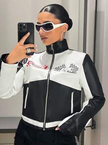 SHEIN ICON Colorblock Splicing Front Zipper Casual PU Leather Print Long Sleeve Y2K Graphic Fall Winter Going Out Zip Up Women Jacket - Multicolor - View 4