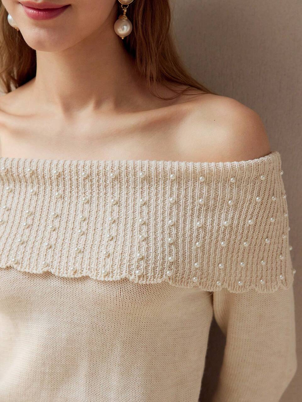 OFF SHOULDER FAUX PEARL SWEATER