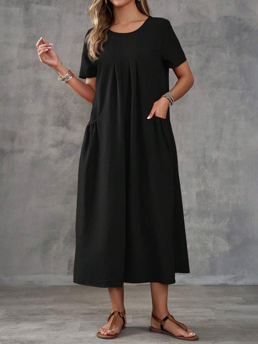 EMERY ROSE Women Solid Color Dual Pocket Casual Beach Dress - Black - View 1