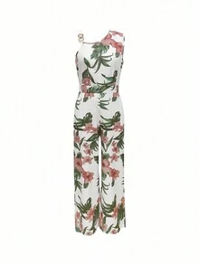 女士印花不对称领口阔腿宽松无袖连体裤，夏季音乐节及优雅度假装扮 - 彩色 - 查看 3