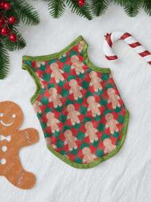 Michel M Artist 1pc Christmas Red & Green Gingerbread Print Argyle Graphic Pet Tank Top, Holiday, New Year - Multicolor - View 1