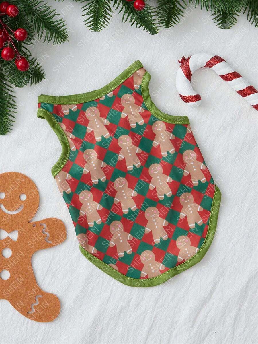 Michel M Artist 1pc Christmas Red & Green Gingerbread Print Argyle Graphic Pet Tank Top, Holiday, New Year - Multicolor - View 1