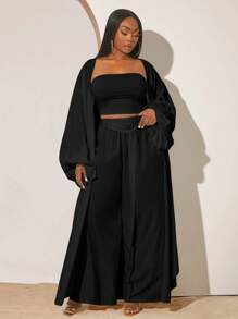 SHEIN SXY Conjunto de 3 piezas de mujer talla grande para primavera y otoño: cárdigan maxi de manga farol de un solo color con frente abierto, top tubo y pantalón de pierna ancha - Negro - Ver 7