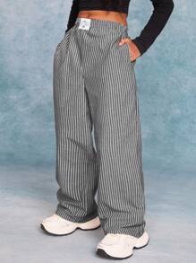 SHEIN Leap Crew Tween Girls' Loose Striped Straight Wide Leg Sports Pants - Black - View 1