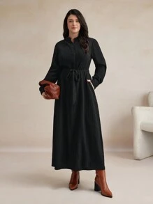 BizChic Plus Size Black Woven Elegant Commuter Dress Black Long Sleeve Dress Fall Women Outfits Winter Women Clothes - Black - View 8