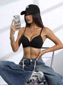 SHEIN Sports 女性簡約純色日常運動文胸 - 黑色 - 查看 6