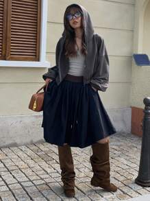 DAZY Áo hoodie trơn màu rộng rãi có khóa kéo cho nữ, mùa thu - Xám - Xem 6