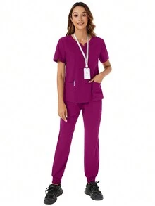 純色凹口V領短袖上衣和褲子護士制服套裝 - 中紫紅色 - 查看 8
