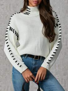 SHEIN Tall Casual Contrast Color Drawstring Stand Collar Sweater, Autumn Winter