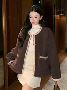 DAZY Women Round Neck Warm Cardigan Regular Jacket, Winter,Fall Women Clothes,Thermal Lined Women Coats - Coffee Brown - View 5