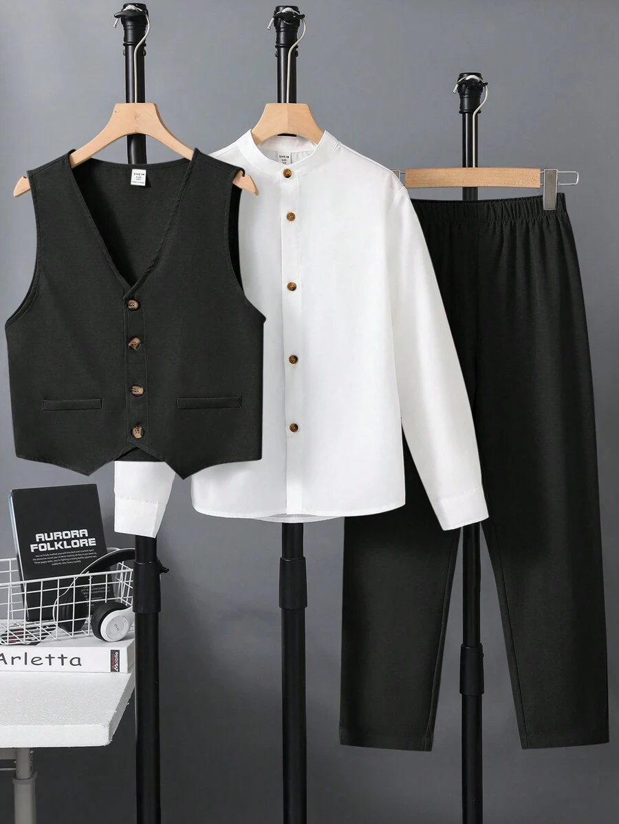 Costume Gentleman Bébé Garçon En Coton Moneric - Ensemble 3 Pièces Chemise Gilet Pantalon Avec Nœud Papillon Pour Baptême Et Anniversaire