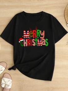 SHEIN LUNE Plus Size Christmas Print Short Sleeve T-Shirt Graphic Tees Women Tops - Black - View 1