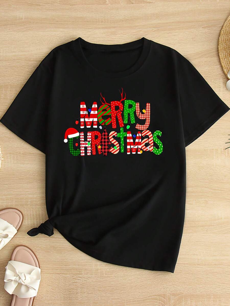 SHEIN LUNE Plus Size Christmas Print Short Sleeve T-Shirt Graphic Tees Women Tops - Black - View 1