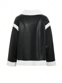 DAZY Women's Autumn/Winter Jacket With Contrast Color Patchwork Faux Shearling Trim - Black - View 2