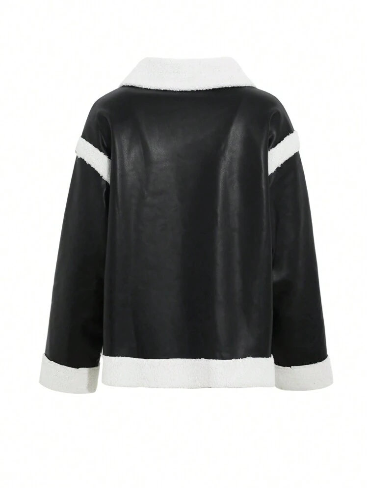 Women's Autumn/Winter Jacket With Contrast Color Patchwork Faux Shearling Trim