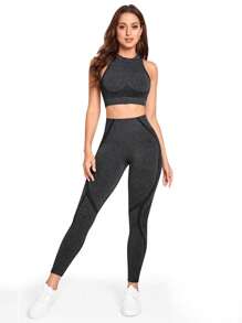 SHEIN Sports Bộ đồ tập luyện & yoga liền mạch 2 món/bộ đồ thể thao tập luyện cho nữ Bộ đồ bó cho nữ - màu đen - Xem 3
