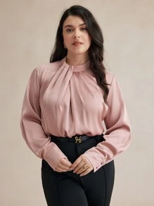 BizChic Plus Size Solid Color Woven Stand Collar Long Sleeve Casual Shirt Fall Women Outfits Winter Women Clothes