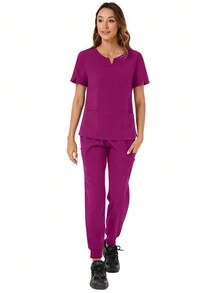 純色凹口V領短袖上衣和褲子護士制服套裝 - 中紫紅色 - 查看 3