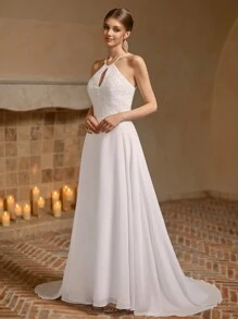 Elegant Halter White Bridal Gown, A-Line/Princess Chiffon Lace Wedding Dress