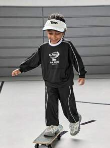 SHEIN 2pcs Set: Boys Kids Outfit With Letter Print Long Sleeve Sweatshirt And Sports Pants, Casual Style - Black - View 1