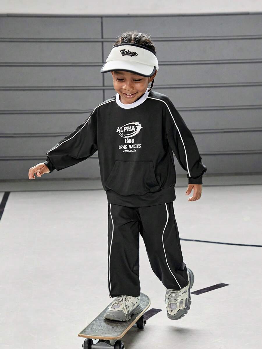 SHEIN 2pcs Set: Boys Kids Outfit With Letter Print Long Sleeve Sweatshirt And Sports Pants, Casual Style - Black - View 1