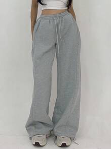 DAZY Pantalones de chándal de mujer de unicolor con bolsillo suelto, cintura ajustable y pliegues, pantalones amplios, joggers de mujer
