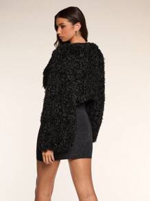 Glamine Fashionable Solid Color Fuzzy Cropped Jacket, Autumn Fall Cloth For Women - Black - View 2
