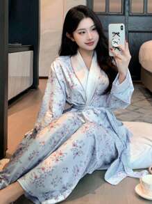 DAZY Floral Patchwork Satin Contrast Shawl Collar Belted Robe & Pants Sleepwear Loungewear Pajama Set, Fall Winter Clothes - Blue - View 8