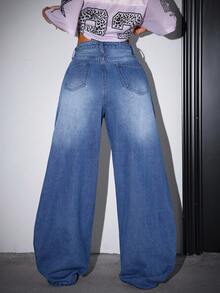 SHEIN ICON 蓝色女士牛仔裤休闲宽松街头香蕉裤 Y2K 蓝色女士牛仔裤休闲宽松街头香蕉裤 Y2K - 中等水洗藍 - 查看 2