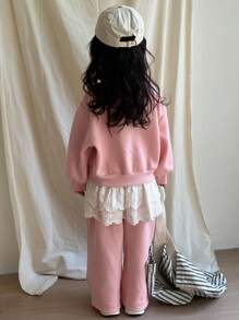 DAZY 2pcs Young Girl Crew Neck Knit Lace Patchwork Letter Embroidered Sweatshirt And Pants Set Fall,Winter - Pink - View 4