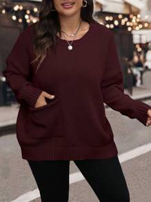 Plus Size Women's Solid Round Neck Dropped Shoulder Long Sleeve Casual Sweater, Fall/Winter Knit Pullover - Burgundy - View 3
