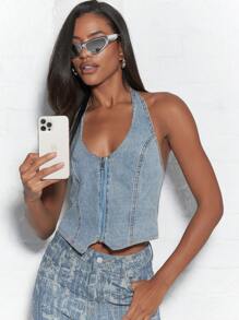 MISSGUIDED Zip Closure Scoop Halter Neck Backless Denim Vest Top - Blue - View 1