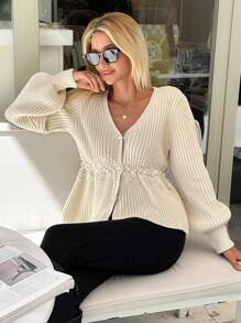 EURMUSE Pearl Accent A-Line Flared Sleeves Casual Cardigan, Spring/Fall - Apricot - View 7