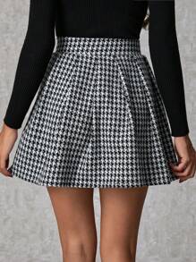 SHEIN Tall 100% Cotton Women's Houndstooth Patterned Knitted Mini Skirt With Elastic Waist - Black and White - View 2