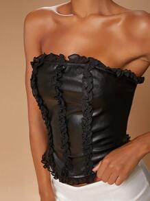 Hauture 纯色仿皮 PU 荷叶边细节抹胸 - 黑色 - 查看 6