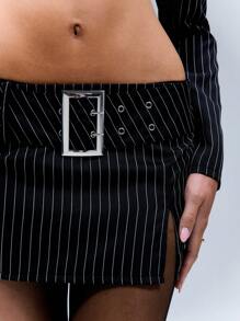 Pinstripe Belted Split Hem Micro Mini Skirt - Black - View 8