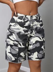 SHEIN SXY Camouflage denim shorts met knoopsluiting aan de voorkant, casual dagelijkse kleding