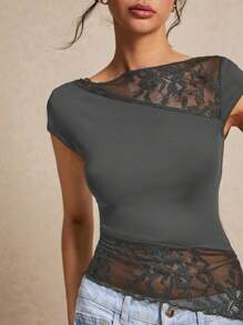 Poéselle 女士夏季修身不对称蕾丝短袖 T 恤，下摆拼接飘逸设计，T 恤。 - 深灰色 - 查看 2