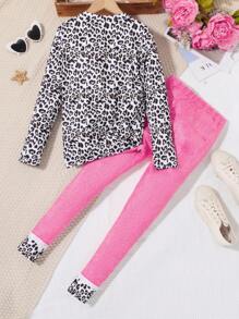 Set de 2 piezas Parte superior de manga larga y leggings casuales y de con estampado de leopardo para niña preadolescente