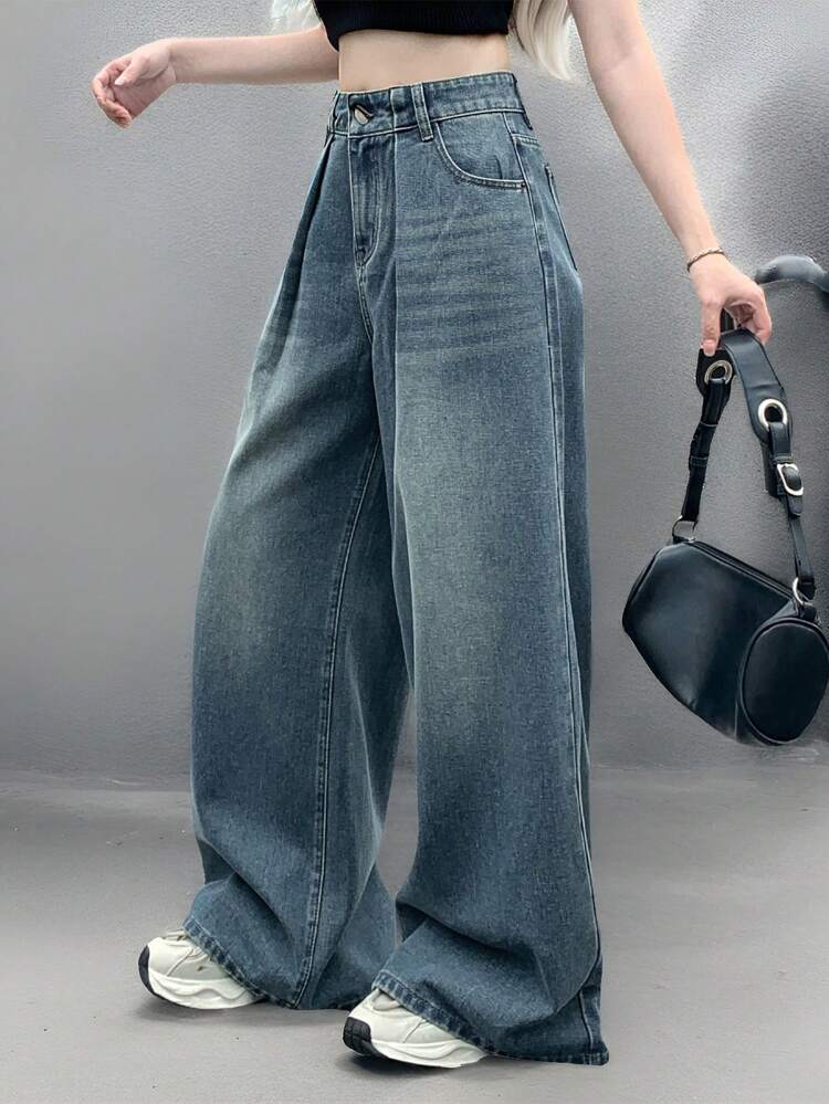 Women's Loose Pockets Pleated Wide Leg Casual Denim Jeans,Baggy Jeans Fall,Winter