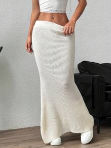Flirla 1pc Women's Fashionable Bodycon Maxi Knitted Skirt For Spring & Autumn - Multicolor - View 4