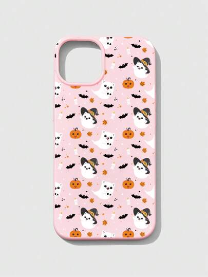 Kawaii 1 pieza Funda de teléfono rosa brillante con patrón de fantasma de calabaza de Halloween, compatible con iPhone 11 12 13 14 15 Pro Max