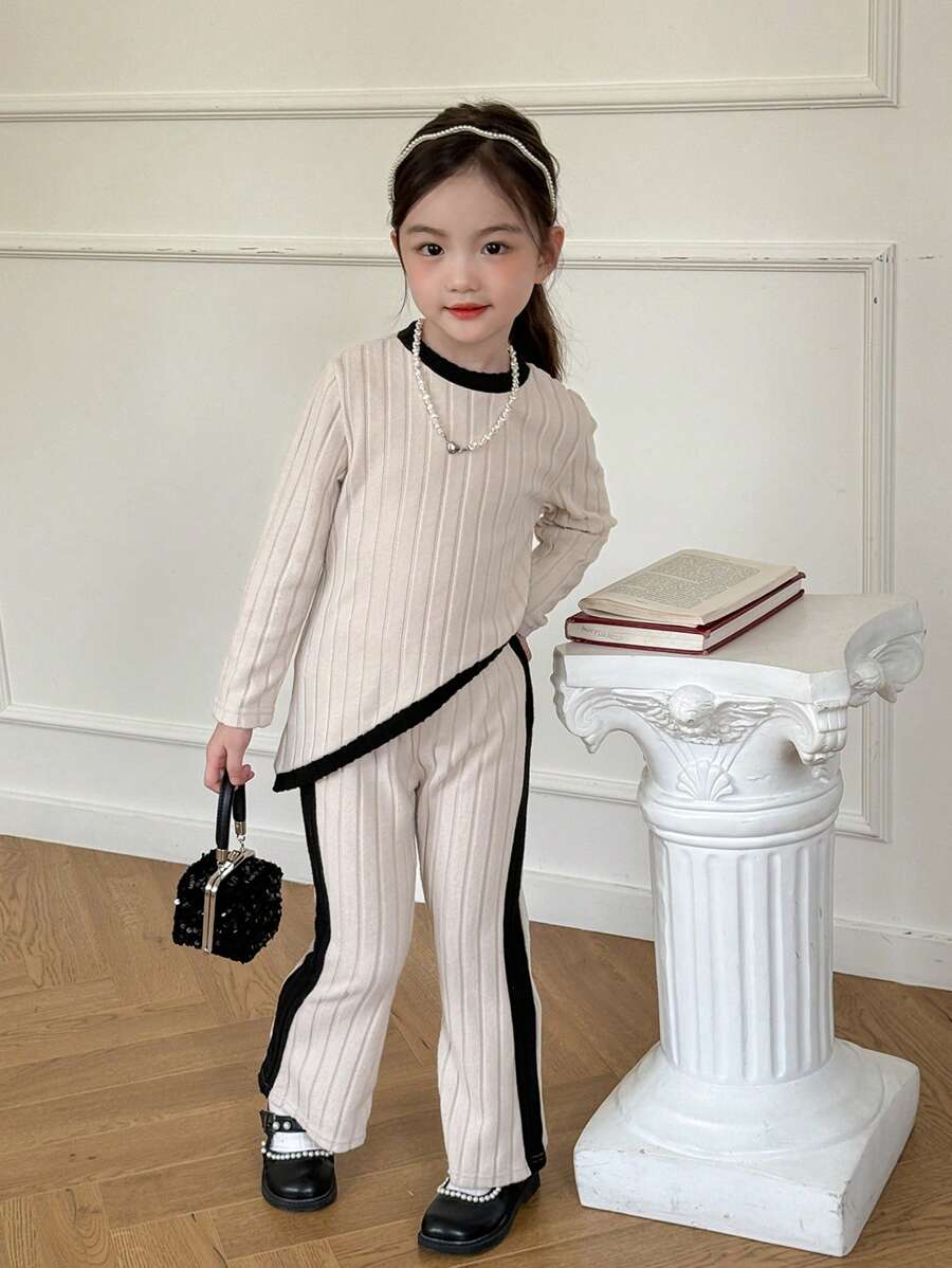 SHEIN Genkimix Kids 2pcs Young Girl' Black & White Ribbed Top And Color Block Pants Set, Comfortable And Fashionable For Fall/Winter