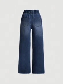 SHEIN Girlism Tween Mädchen Jeans mit weitem Bein, lockere elastische Taille, Schleifendekoration, Blau - Dunkle Waschung - Übersicht 2