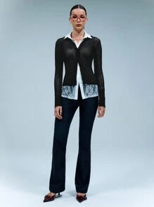 Textured Stripe Sheer Mesh Fitted Shirt - Black - View 3