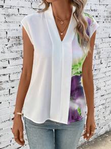 SHEIN LUNE Women's Casual V-Neck Loose Tie-Dye Printed Blouse