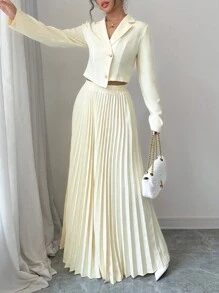 Selianne 女士纯色缺口领长袖西装外套和褶皱中裙优雅工作服套装，春/秋 - 黃色 - 查看 4